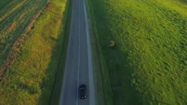 Vista aérea del coche deportivo conduciendo en campos — Vídeo de stock