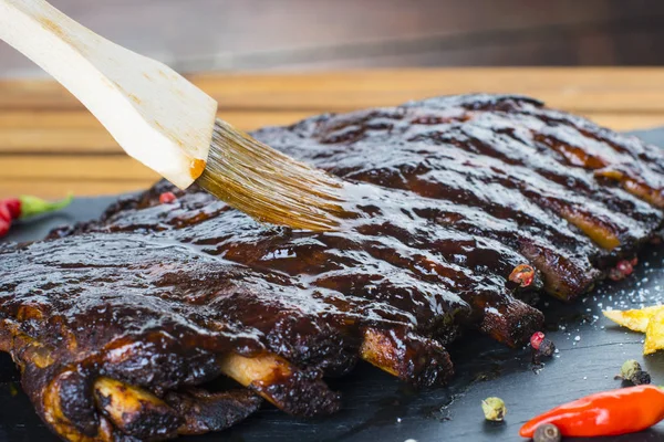 Closeup Shot Chef Brushing Sauce Cooked Pork Ribs — Stock Photo, Image