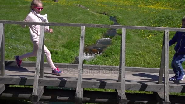 Les enfants jouent sur le pont sur le ruisseau — Video