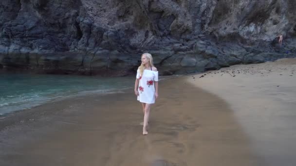 Жінка ходить уздовж пляжу — стокове відео