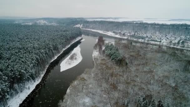 Vista aérea del bosque de invierno y el río — Vídeos de Stock