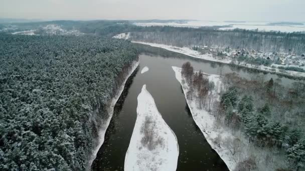 A légi felvétel a téli erdő és a folyó — Stock videók