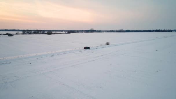 Coche en movimiento en el invierno filds — Vídeos de Stock