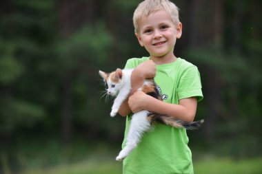 Rengarenk kedi ile oynarken çocuk