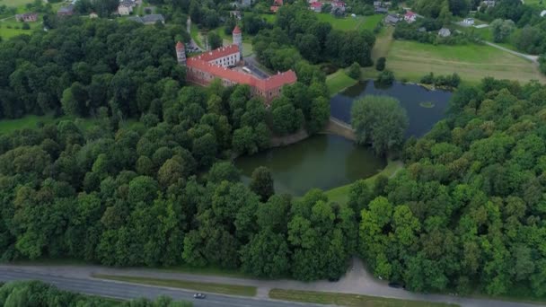 Flight over old castle in green forest — Stock Video