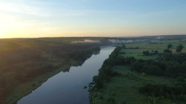 Aerial landcape of river in green meadows — Stock Video