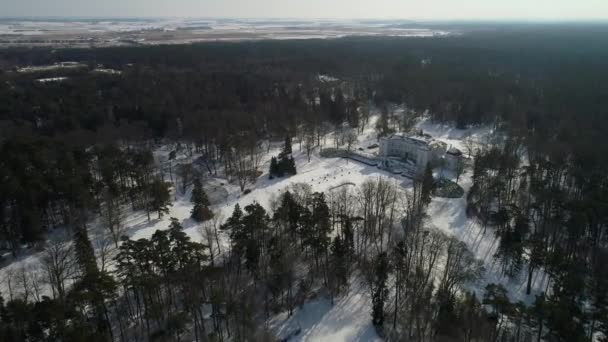 Vlucht over grote oude landhuis in de winter — Stockvideo