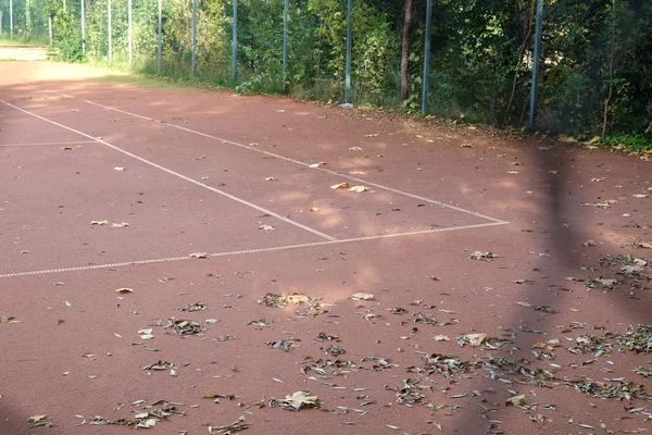 Quadra de tênis vazia e muitas folhas caídas no parque de outono — Fotografia de Stock