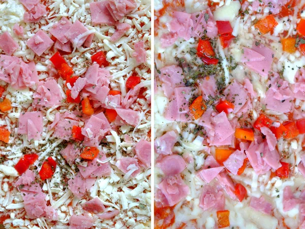 Сырая и приготовленная пицца в качестве фонового крупного плана — стоковое фото