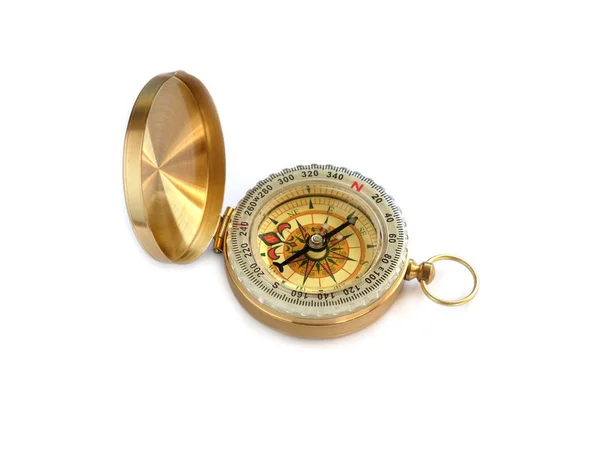 Old compass in brass case isolated on white background top view closeup — Stock Photo, Image