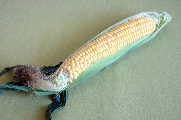 Reifer Mais auf dem Kolben auf grünem Tischtuch Seitenansicht — Stockfoto