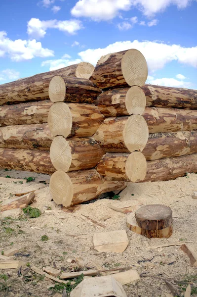 Construcción Casa Rural Partir Troncos Pesados Contra Cielo Azul Con — Foto de Stock