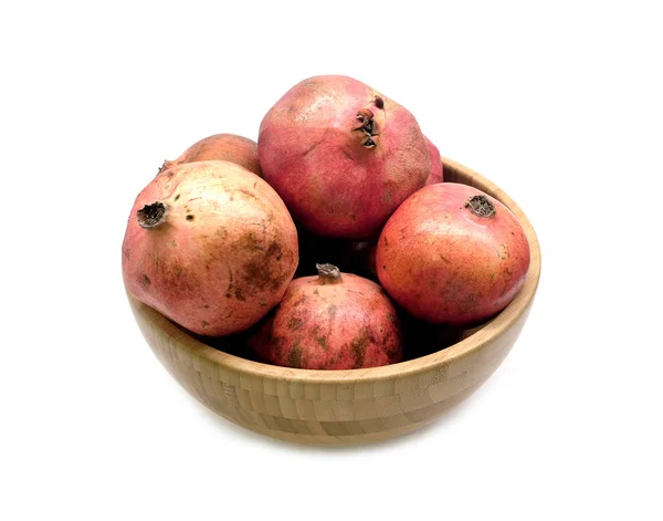Big Brown Bowl Full Ripe Whole Pomegranates Studio Shot Isolated — Stock Photo, Image