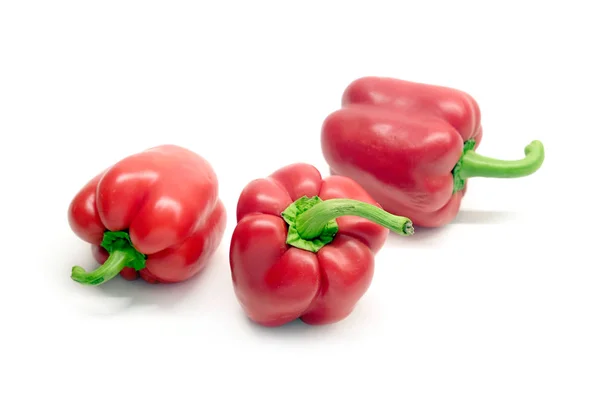 Still Life Three Whole Red Ripe Bell Peppers Isolated White — Stock Photo, Image