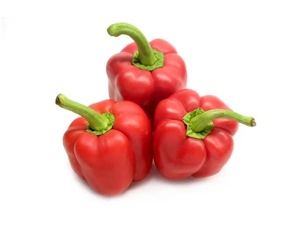 Still Life Three Whole Red Ripe Bell Peppers Isolated White — Stock Photo, Image