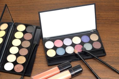 Yuvarlak renkli göz gölgeler ve fırçalar ayna ve iki pembe ruj tüpleri ahşap arka plan üzerinde siyah plastik durumda kozmetik kümesi açıldı