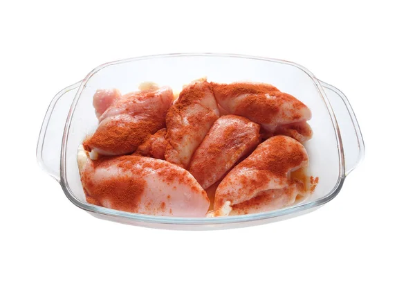 Many Raw Juicy Cutted Chicken Fillets Pink Pieces Well Sprinkled — Stock Photo, Image