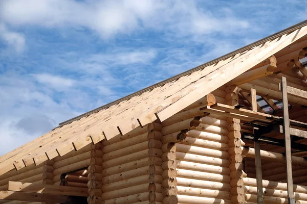 Landsbygdens Trähus Från Sandstranden Brun Slät Hyvlade Tunga Pine Loggar — Stockfoto