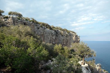 High impregnable plateau with mountain vegetation on top and slopes and calm sea far and down on skyline on sunny day view