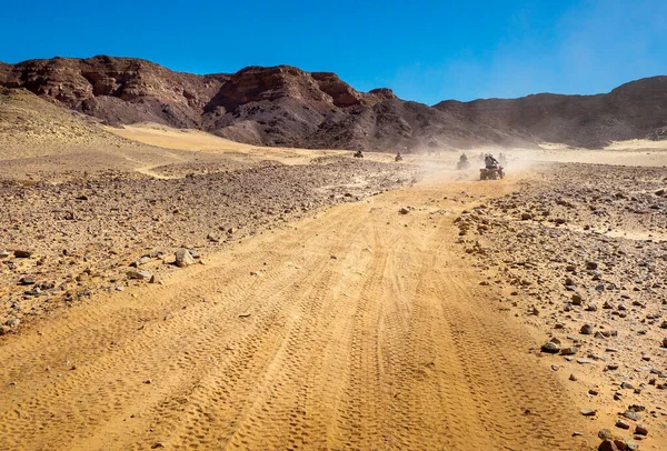 Kvadrocykellopp Taba Öknen Egyptiska Landskap Med Terränggående Fordon Och Damm Royaltyfria Stockfoton