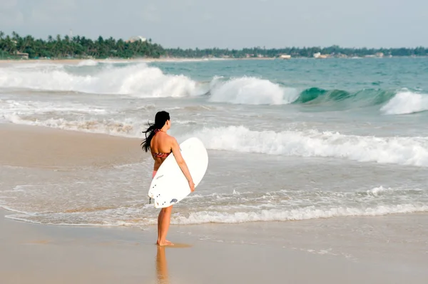 Young lady surfer standing on the beach with surf board. Sri Lanka. Hikkaduwa — Stock Photo, Image