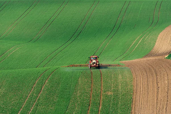South Moravia alanları şehir Kyjov yakınındaki kırmızı traktör