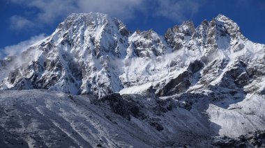 Himalayalar. Yüksek tepeler ve göl görünümünden Gokyo Ri, 5360 metre Himalaya Dağları Nepal, kar kaplı.