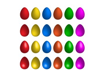 Renkli Paskalya yumurtaları, beyaz (vektör) üzerinde izole edilmiş. Kırmızı, sarı, mavi, turuncu, yeşil, 3 boyutlu menekşe yumurtalar.