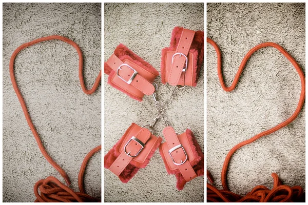Червоні наручники і мотузка для зв'язування вишиті у формі серця. Колаж . — стокове фото