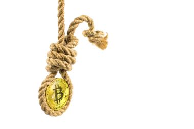 Ölüm bitcoin. Beyaz bir arka plan üzerinde kara para bitcoin. İzole.