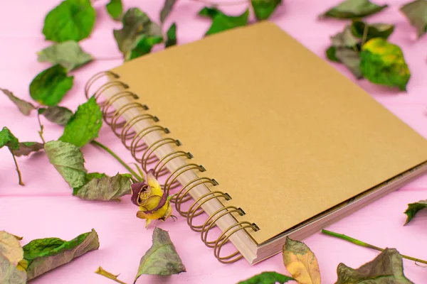 Livro de esboços em um contexto de madeira rosa com folhas secadas de uma rosa . — Fotografia de Stock