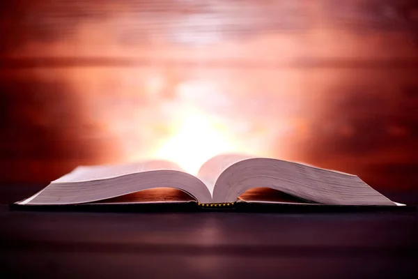 Arkasında parlak kahverengi bir arkaplan olan açık bir kitap. Öğrenme, okuma kavramı..