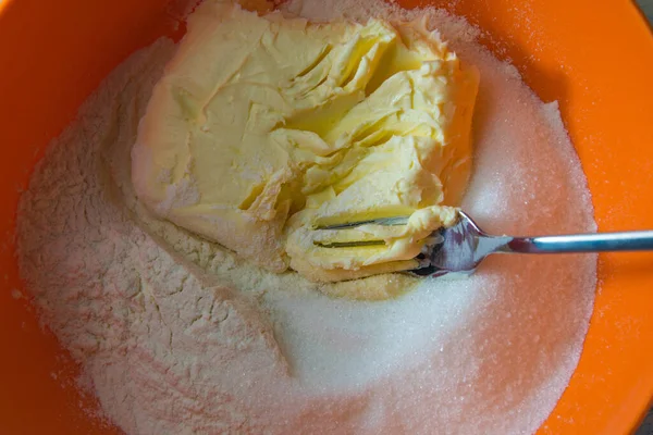 Cooking Dough Bowl Mixing Ingredients Flour Butter Sugar — Stock Photo, Image