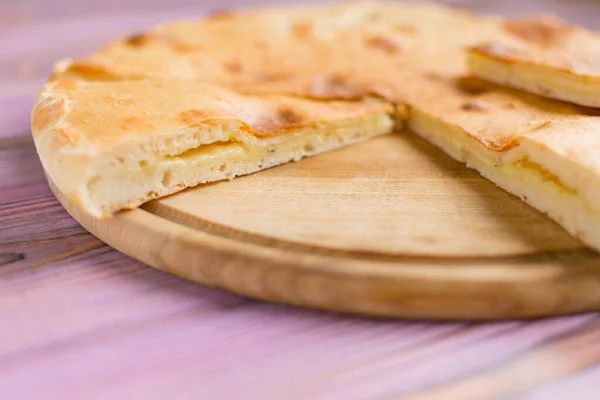 Pie Cheese Wooden Pink Background Khachapuri Flat Cake Cheese — Stock Photo, Image