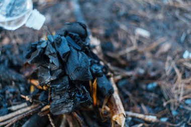 Barbekü kömürleri. Ateşleme için sıvı dökülüyor.
