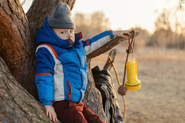 Маленький Мальчик Отдыхает Дереве Кемпинг Пикник — стоковое фото