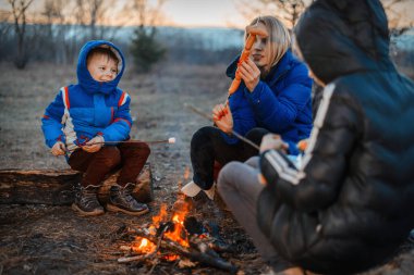 Anne, kız ve oğul piknikte kamp ateşinin etrafında oturuyorlar. Aile açık hava eğlencesi. Seyahat, yürüyüş, konsepti durdurmak.
