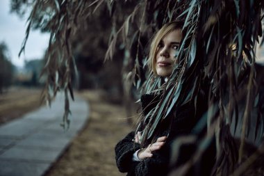 Gotik 'teki bir ağacın koyu yapraklı kadını. Cadı, mistik orta yaşlı bir kadın..