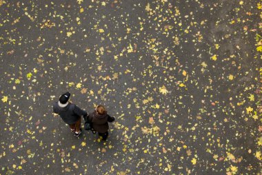 Bir adam ve bir kız sonbaharda parkta el ele yürüyorlar. Yukarıdan görüntüle.