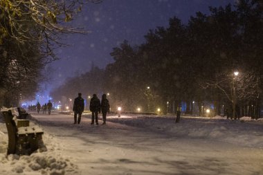 Geceleri kar yağan park sokağı.