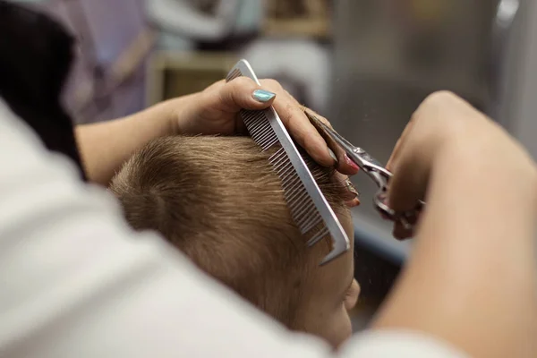 Little Boy Does Haircut Hairdresser Baby Hair Care — Stock Photo, Image