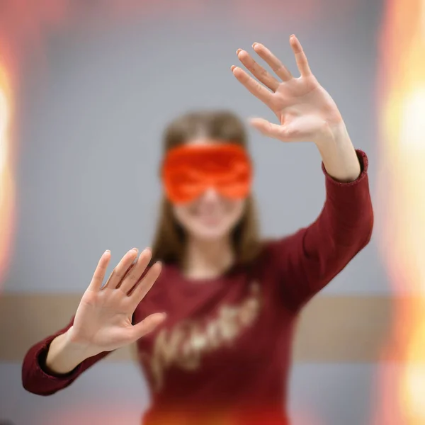 Girl Comes Blindfolded Eyes Blindly Touch — Stock Photo, Image