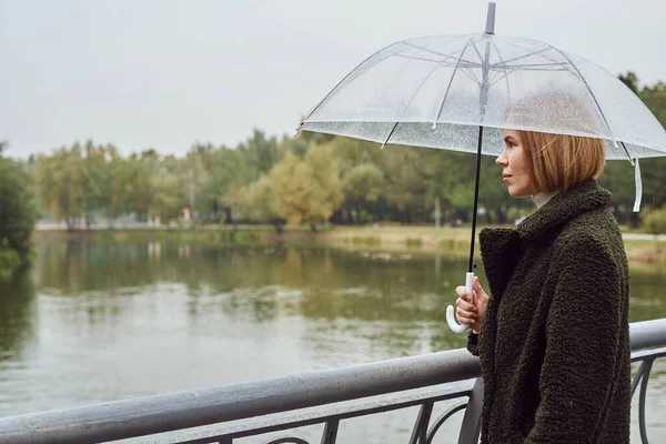 Женщина Зонтиком Осенью Парке Осенний Пейзаж Дождь Плохая Погода Понятие — стоковое фото
