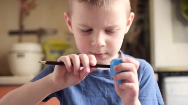 Focused Little Boy Sharpen Pencil — Stock Video