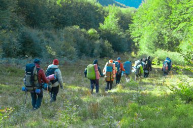 Karpatlar, Ukraynalılar- 29 Eylül 2018: Sırt çantalı bir grup turist yürüyüşe çıktı.