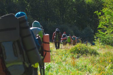 Karpatlar, Ukraynalılar- 29 Eylül 2018: Sırt çantalı bir grup turist yürüyüşe çıktı.