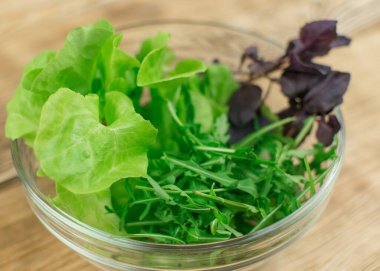 Taze marul yaprakları, fesleğen, ahşap arka planda cam bir kasede roka. Vejetaryen sebze salatası hazırlığı.