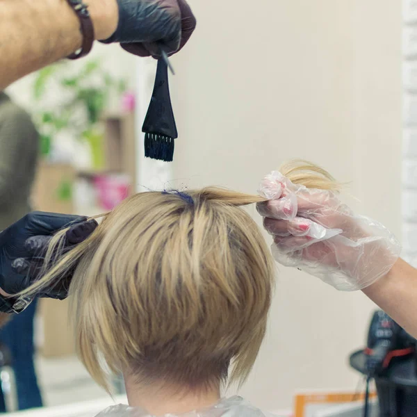 Woman Dyed Her Hair Blue Hairdresser Creative Haircut Change Image — Stock Photo, Image