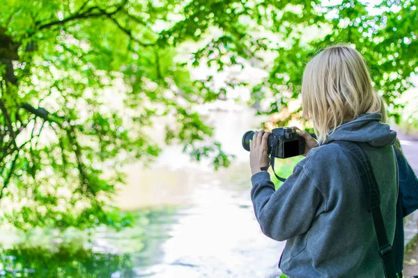Woman Photographer Taking Photo Green Forest Summer — Stock Photo, Image