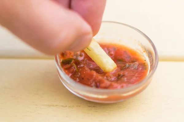 French Fries Dipped Ketchup — Stock Photo, Image